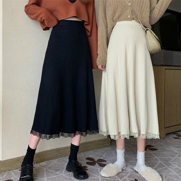 

autumn and winter lace hem aline skirt koreanstyle high waist knitted skirt drawstring elastic waist midi skirt 210311, Black