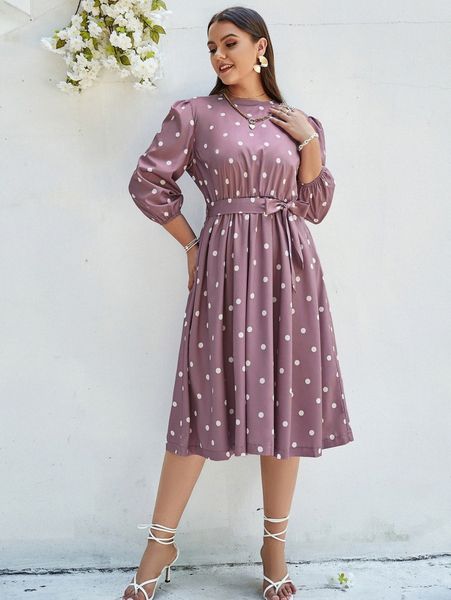 

simplee plus polka dot print lantern sleeve belted dress m4h3#, Black