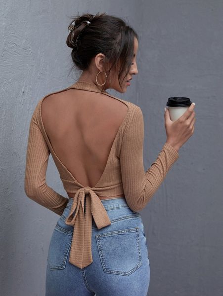 

ribbed open-back long sleeve cropped tee d5n8#, White