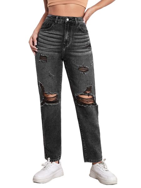 

high waist ripped mom fit jeans d6ie#, Blue