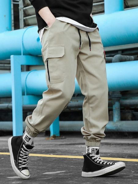 

men drawstring waist cargo pants z501#, Black