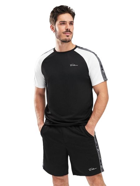 

men letter graphic color block raglan sleeve tee & drawstring waist shorts x3a5#, Gray