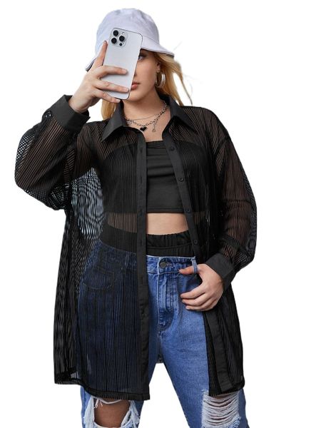 

plus drop shoulder sheer mesh shirt without camisole u3rz#, Black