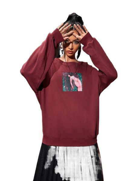 

x polly nelson figure print bishop sleeve sweatshirt d2w9#, Black