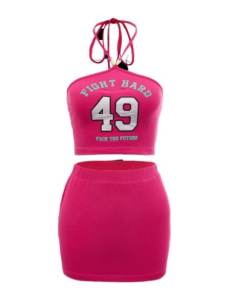 

slogan graphic number embroidered halter & bodycon skirt d6cm#, White