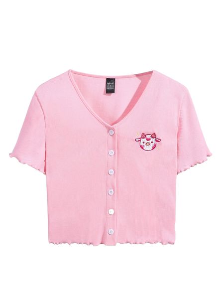 

x kimchikrafts cartoon embroidery button front rib knit t-shirt 69lg#, White