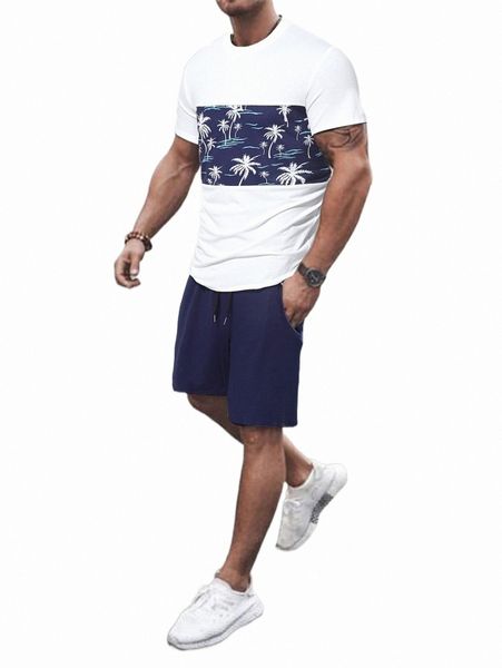 

men palm tree print tee & shorts h7r2#, Gray