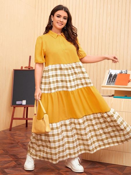 

plus 1pc tartan & colorblock half button ruffle hem dress l8hi#, Black