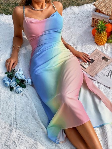 

random ombre draped split thigh cami dress k2q4#, Black;gray