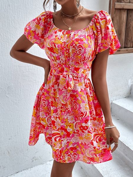 

scoop neck floral print criss cross belted dress u1br#, Black;gray