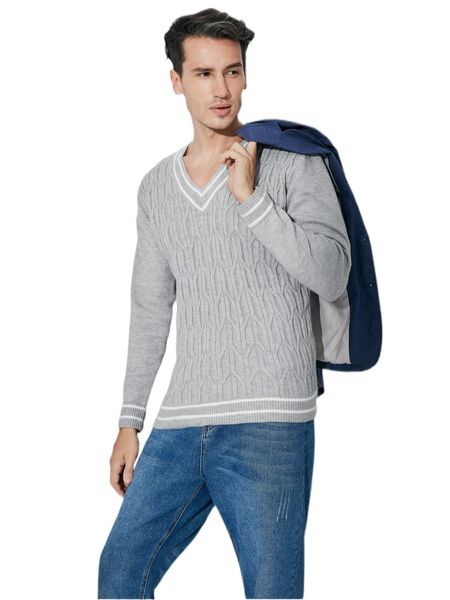 

men striped trim v-neck sweater t37g#, White;black