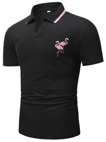 

men flamingo print contrast trim polo shirt t04l#, White;black