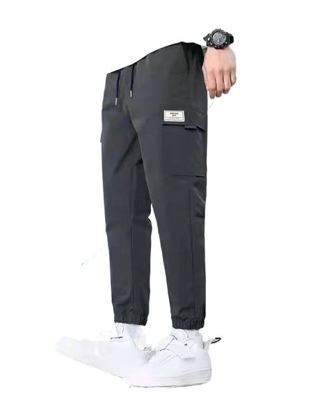 

extended sizes men letter patched flap pocket pants v6o7#, Black