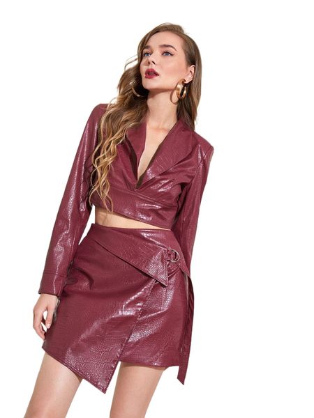 

x aroub binmahfouz deep v neck crop patent & wrap buckled skirt set 80fy#, White