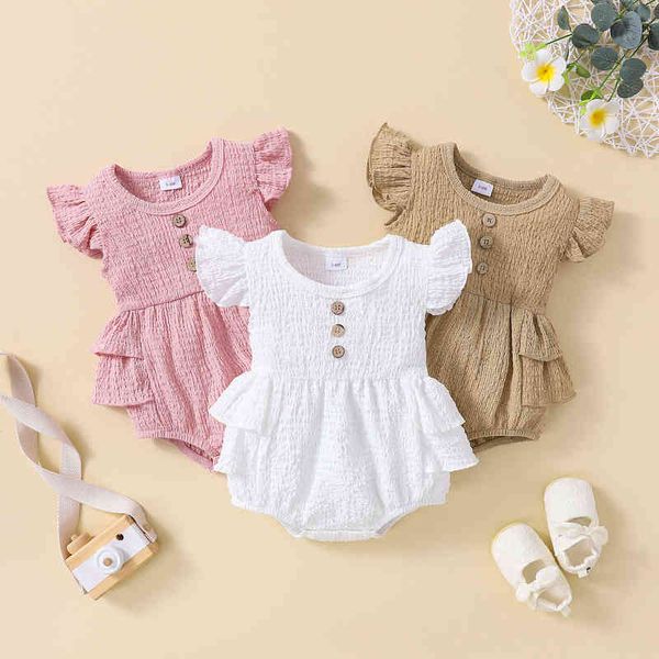 

baby girls clothes summer cute newborn girls solid fly sleeve button ruched layered rompers jumpsuits toddler baby outfits g220521, Blue