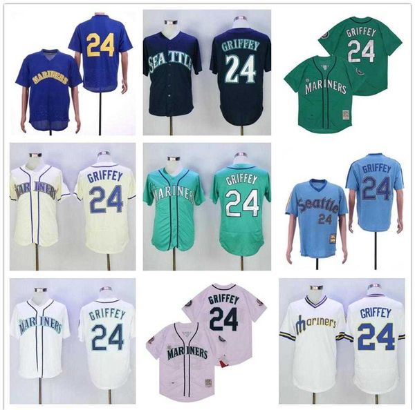 

Retro 1984 1995 Retire 24 Ken Griffey Jr Vintage Baseball Jersey Flexbase Cool Base Pullover Embroidery And Sewing Green White Navy Blue, As shown in illustration