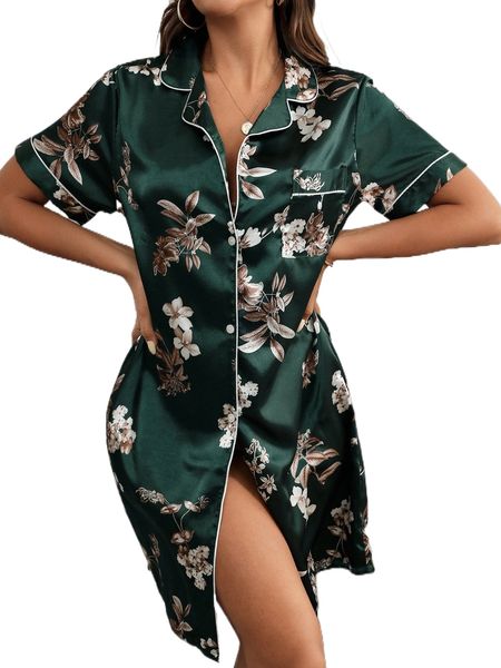 

allover floral print contrast binding satin sleep dress g60a#, Black;red