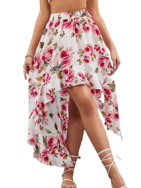 

floral print high low ruffle hem skirt e5cl#, Black
