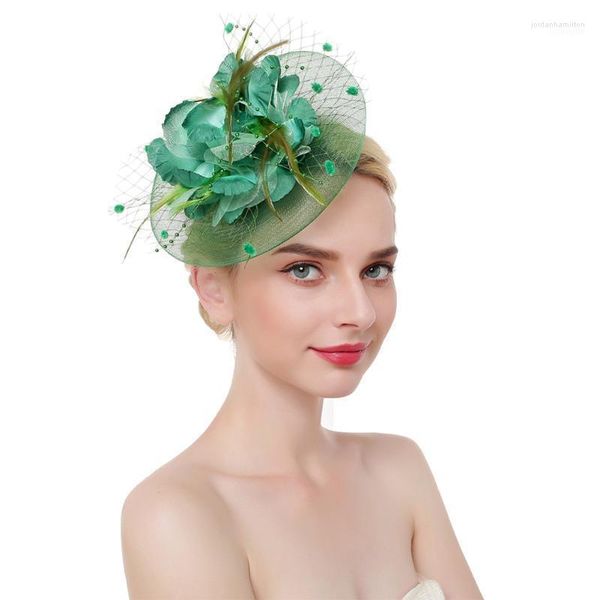 Donne Matrimonio Fiore Piume Accessori per capelli Copricapo Festa in maglia Cocktail da sposa con fascia per capelli Fascinator Hat1