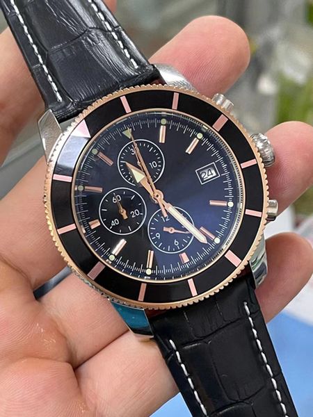 

46mm male wristwatch mens quartz chronograph watch black blue leather strap rose gold ceramic bezel waterproof, Slivery;brown