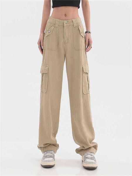 Herbst Damen Vintage Khaki Cargohose Hohe Taille Jeans mit weitem Bein Baggy Lässige Mode Mehrere Taschen Mom Hip Hop Street Style T220728