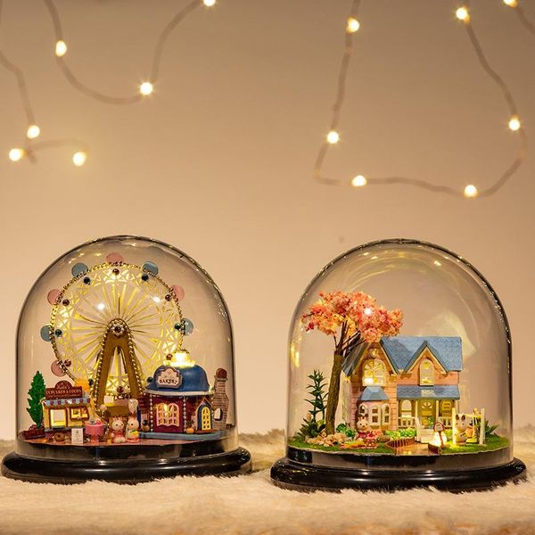 Objetos decorativos Figuras feitas artesanato diy caixas de música box de madeira ornamentos criativos Cidade criativa no céu presente de aniversário de Natal para gi