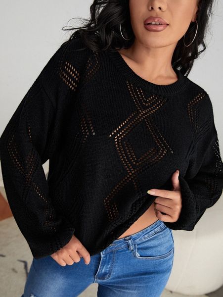 

solid pointelle knit drop shoulder sweater w8el#, White;black