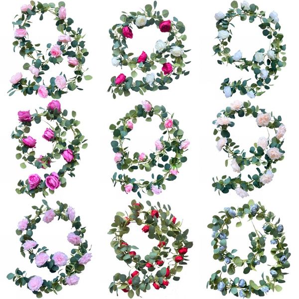 Garland eucalipto de flor artificial com 10 flores Heads Silk Rose Vine pendurada grinalda para casamento Decoração de escritório em casa