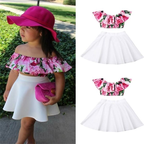 2PCS nato Toddler Baby Girl Summer Clothes Set Floarl Print Off Shoulder Top Solid Skirt Dress Abiti alla moda 1 6T 220620