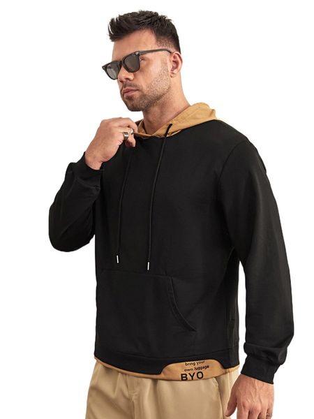 

extended sizes men colorblock kangaroo pocket drawstring hoodie z8lj#, Black