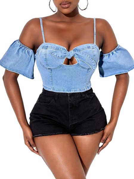 

sxy cold shoulder knot front cut out denim c6ki#, White