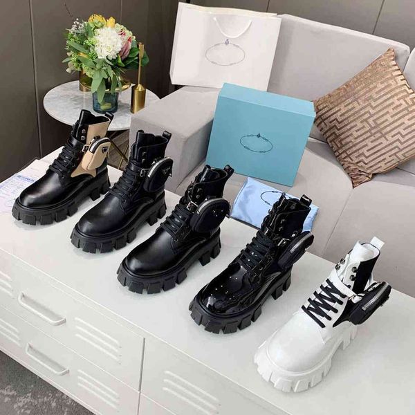 

winter womens boots calfskin martin shoe detachable nylon pouch combat shoes ladies outdoor thick bottom mid-length boot 35-45, Black