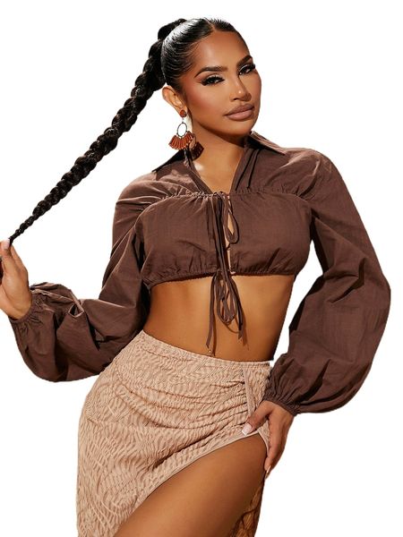 

sxy lantern sleeve knot front crop blouse s3db#, White