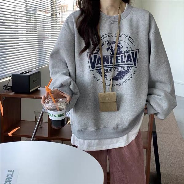 

women's hoodies & sweatshirts designer 6535 cotton autumn and winter hoodless fake two-piece sweater women's korean version loose, Black