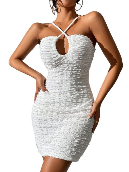 

x anitta frill trim crisscross tie back bodycon dress i6sw#, Black;gray