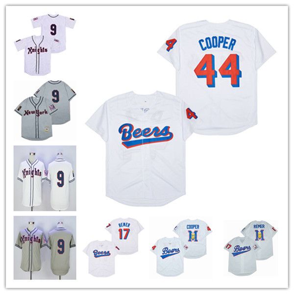 Männer Film Baseball Trikots Milwaukee Beers 17 Doug Remer 44 Joe COOP Cooper genäht Grau Weiß New NY York Knights 9 Roy Hobbs Trikot Größe S-XXXL