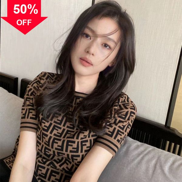 

old flower letter sweater short sleeve spring and celebrity temperament backing simple or more brand summer women's shirt, White