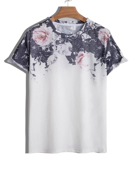 

men floral print round neck tee c11x#, White;black