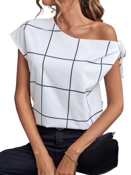 

windowpane print asymmetrical neck blouse j9tf#, White