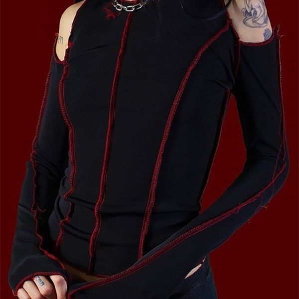 

goth dark grunge punk gothic women's t-shirts hollow out patchwork cropped emo black bodycon female t-shirt chic aesthetic 220408, White