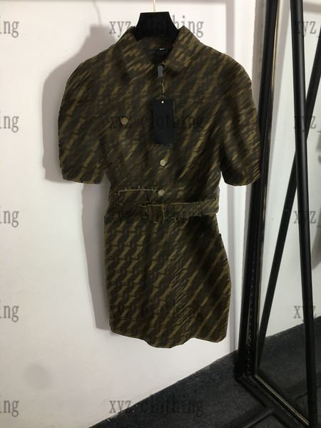 

2022ss high-end summer women casual dresses full-body f jacquard letter belt waist short-sleeved dress brand designer skirts, Black;gray