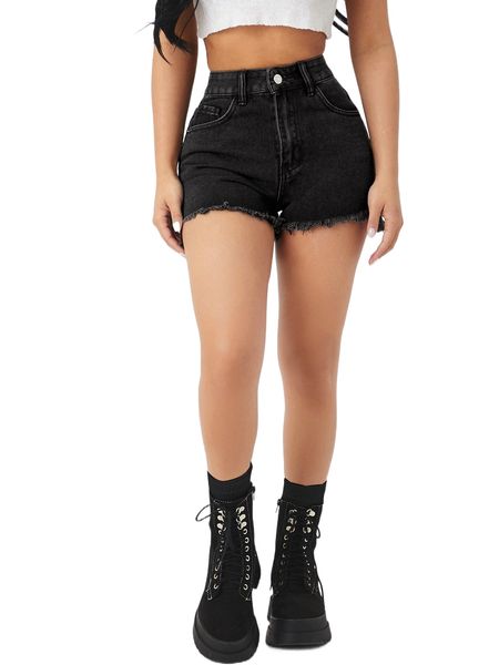 

petite high waist raw cut denim shorts x9xi#, White;black