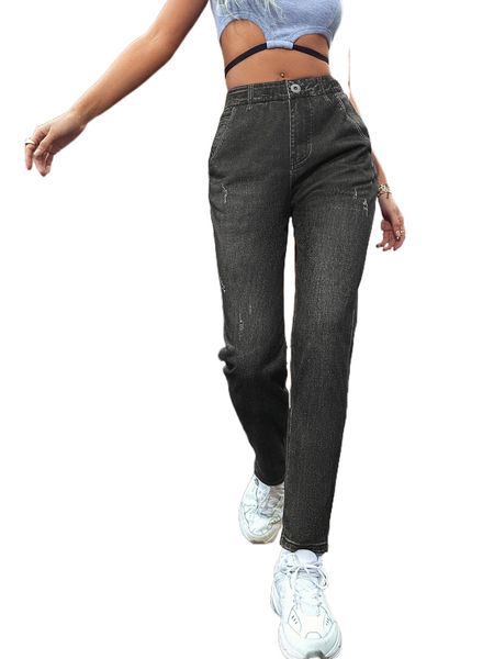 

high waist straight leg chambray pants 18ze#, Black;white