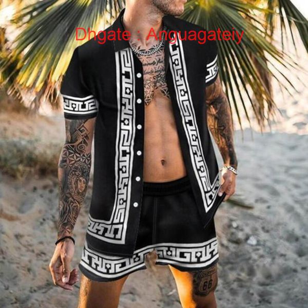 

casual fashion men's shirts luxury men tracksuits hawaiian sets printing short sleeve button shirt summer beach shorts tees streetwear, White;black