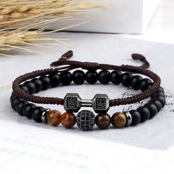 Perlen Stränge Trendy Set Männer Armband 6mm Natur Onyx Stein Handgemachte Geflochtene Hantel Armbänder Armreifen Frauen Barbell Yoga Jewe Lars22