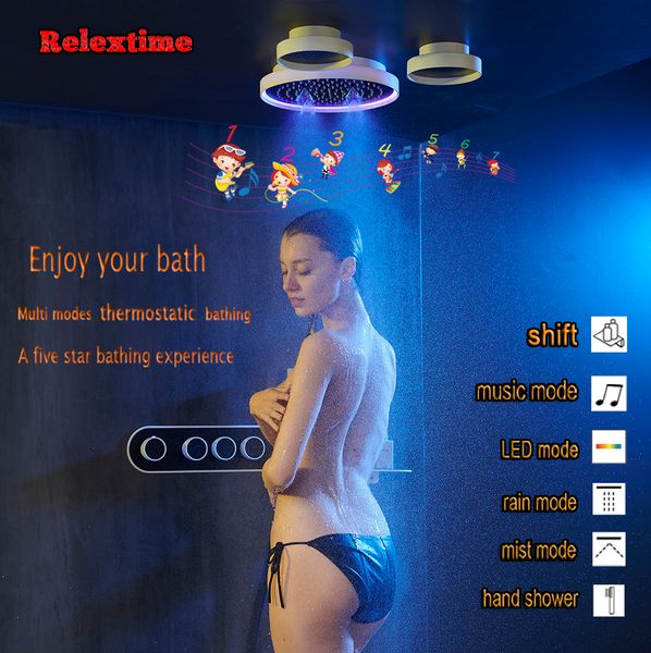 Weiß Schwarz High Flow Badezimmer Unterputz-Thermostat-Duschset Bluetooth LED Deckenduschkopf Lautsprecher mit Aufbewahrungsregal Wasserhahn Rain Misty