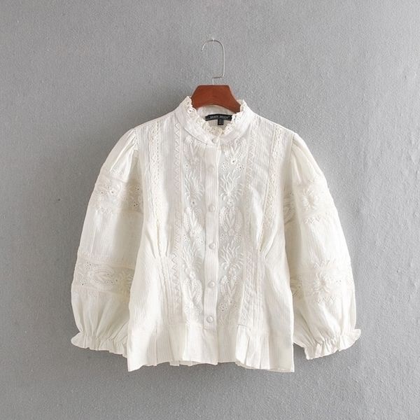 

stylish women blouse embroidery shirt autumn fashion hollow out lace patchwork striped modern lady short y200422, White