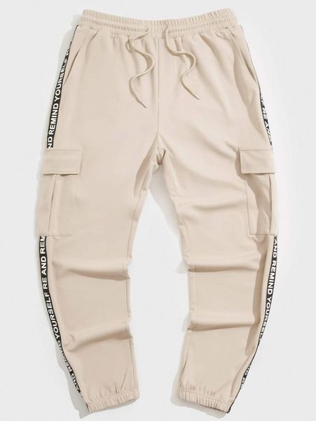 

men flap pocket contrast letter tape drawstring waist sweatpants u9dh#, Black