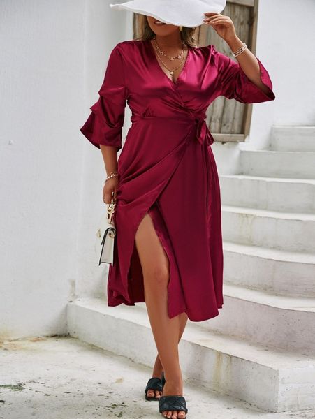 

simplee plus layer sleeve tie side satin wrap dress p4ta#, Black