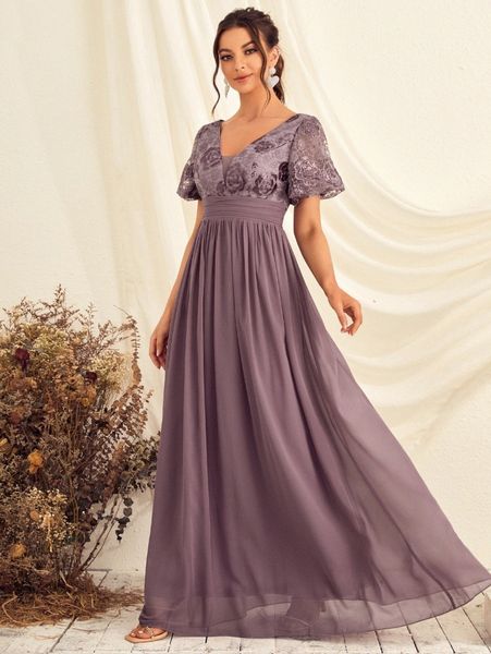 

flower embroidered lantern sleeve tie back chiffon prom dress p5dd#, Black;gray